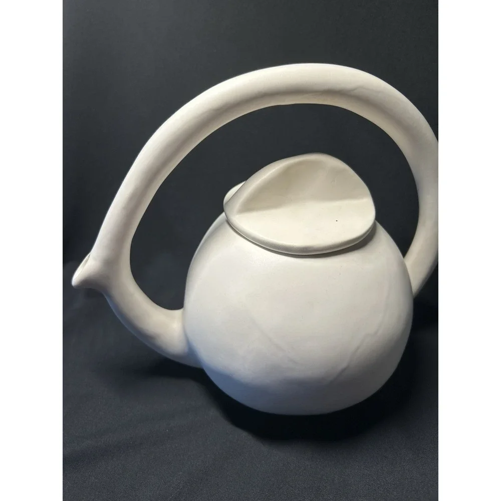 Modern Handcrafted Teapot With Arch Handle Sleek Matte White Finish Signed CG1